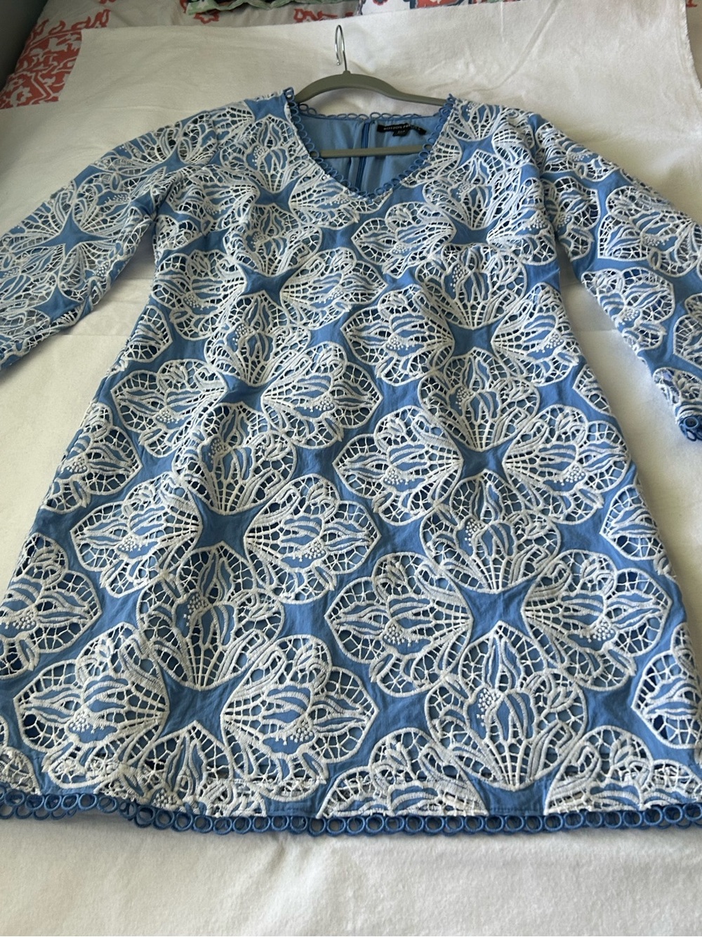 NWOT Boston Proper Size 8 Two Tone Lace Three Quarter Sleeve Blue & White Dress - Picture 9 of 14
